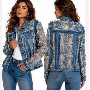 Veveret Denim Jacket Women Medium Blue Floral Mesh Sequin Distressed Trucker